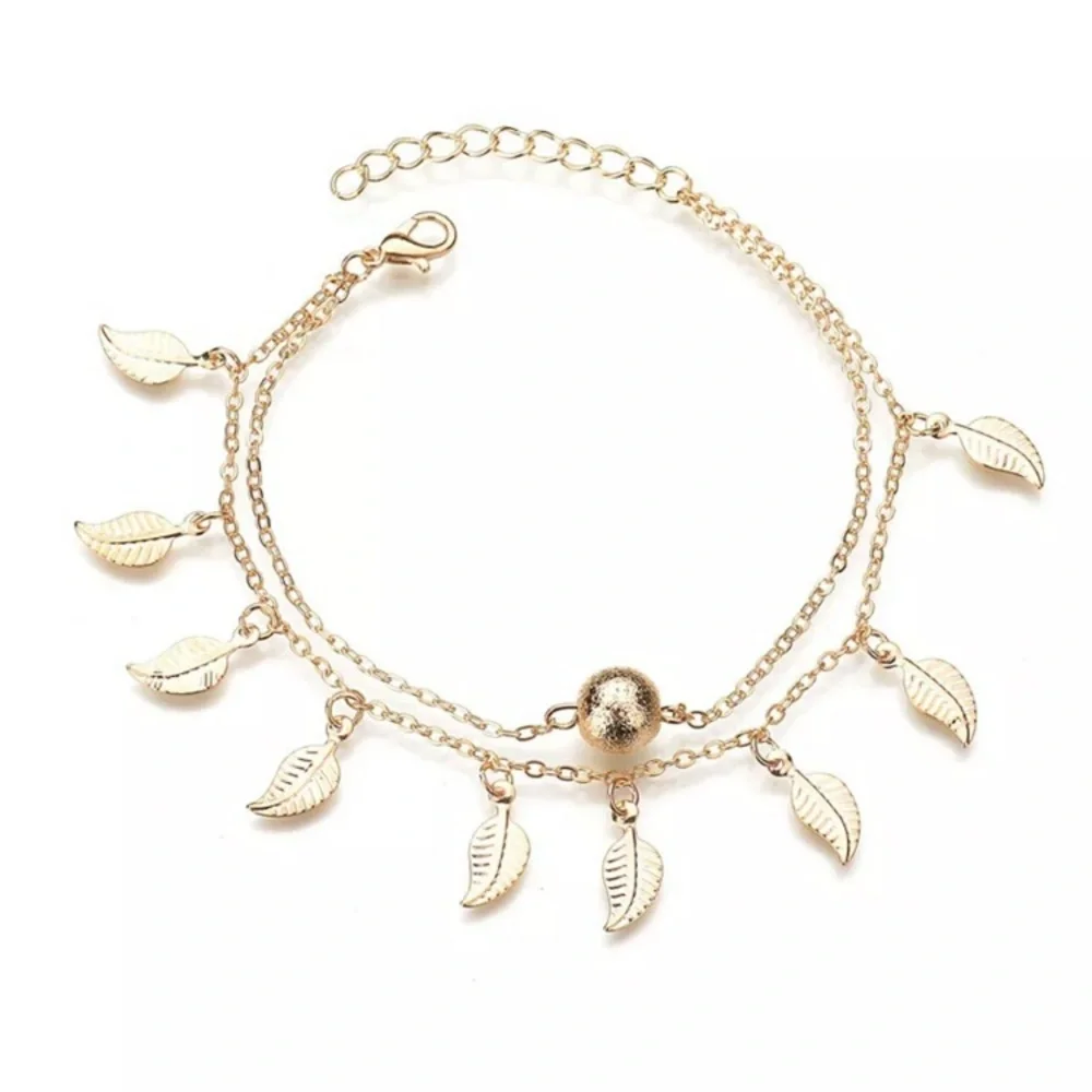 Leaf Dainty Gold Toned Boho Anklet - Picture 2 of 3